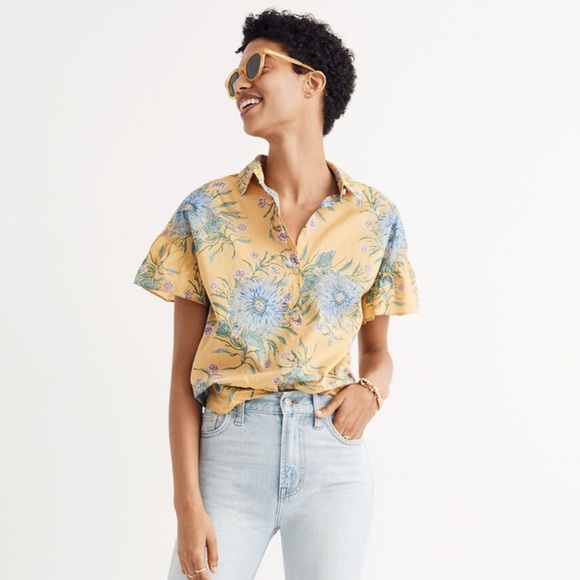 Madewell Ruffle-Sleeve Button-Down Shirt in Painted Blooms - Picture 1 of 7